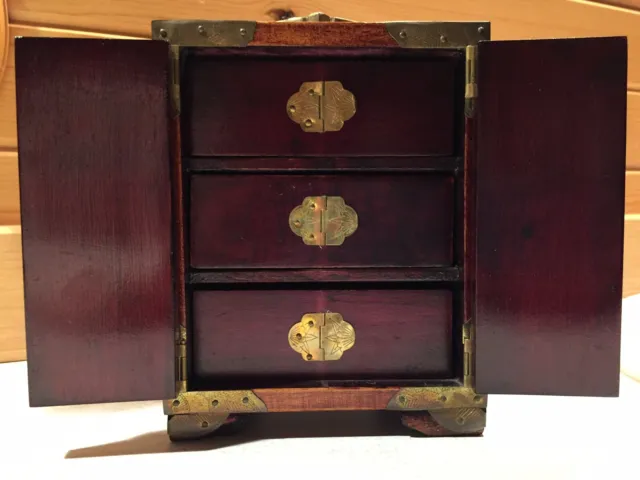 Vintage Rare Chinese Rosewood Jewelry Box/Cabinet Brass Nephrite/Jade w/key Lock
