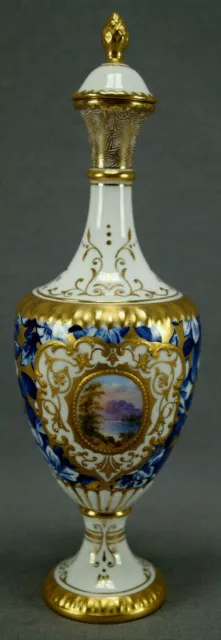 Coalport Hand Painted Scenic Landscape Cobalt Floral & Gold Miniature Urn / Vase