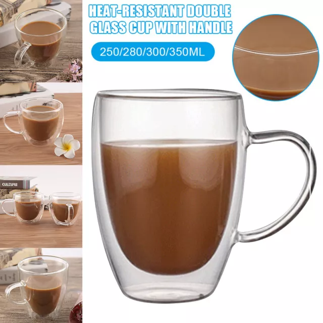 Double Wall Insulated Glass Tea Coffee Cup Drinking Mug with Handle Set