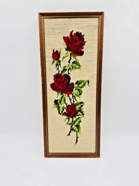 Vintage Red Rose Floral Cross Stitch Embroidery Framed Artwork 50cm x 20cm