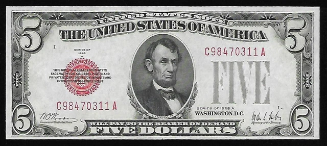 1928  $ 5 A Red Seal  Unc Legal Tender # 137