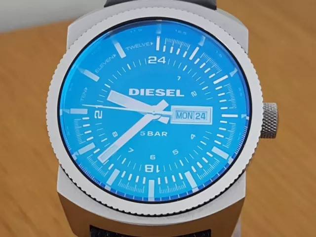 MENS XXL BLUE Tint Diesel DZ1261 Black Leather Military Style Day Date Watch 99.99 PicClick UK