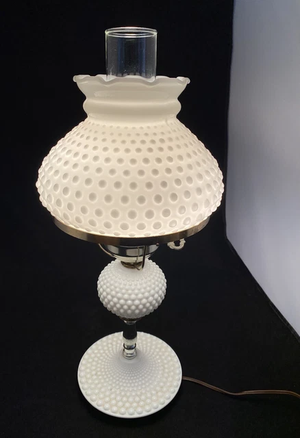 Vtg UNIQUE Rare Hobnail Base Fenton Milk Glass Hurricane Ruffled Lamp GWTW