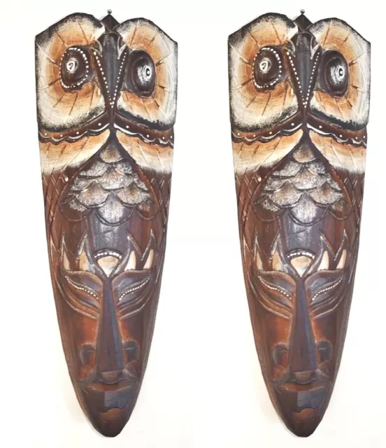 2 x 30cm TRIBAL WOODEN WALL MASKS HAND CARVED WOOD TRIBAL OWL MASK (PAIR OF)