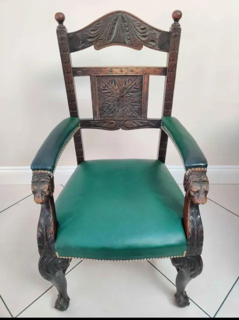 Highly Carved  Lion Throne Chair Seat Wood Wooden Oak Antique