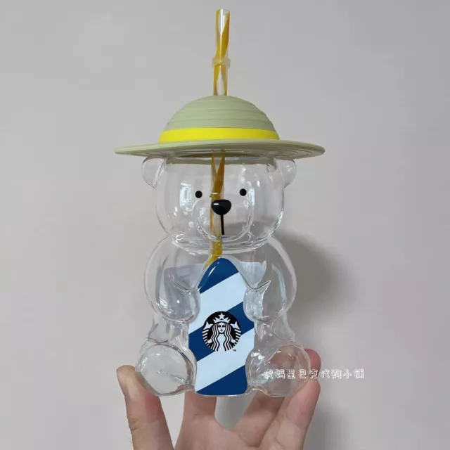 HOT Starbucks Korean Summer New Yellow Hat Little Bear Glass Cup Cold Water Cups