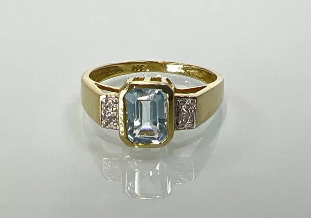 Hübscher Goldring Ring aus 333 Gelbgold mit Aquamarin & Diamanten , Gr: 54