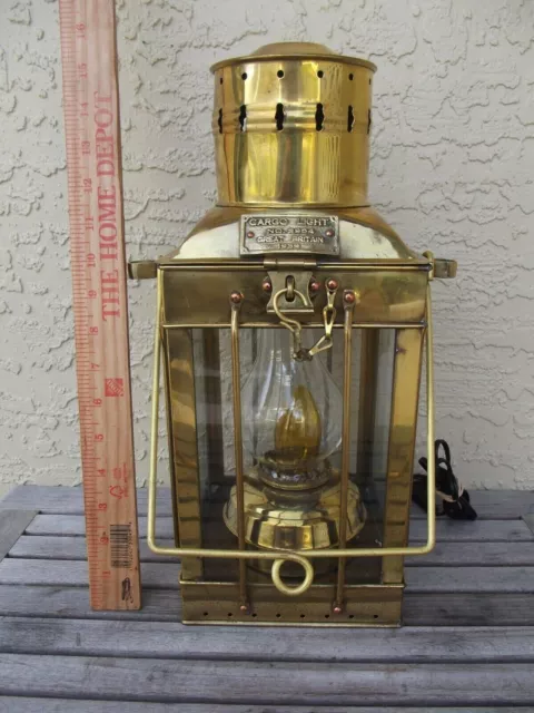 Vtg Shinny Brass Cargo Light Lantern # 3954 Great Britain to 3 WAY BULB Free S/H