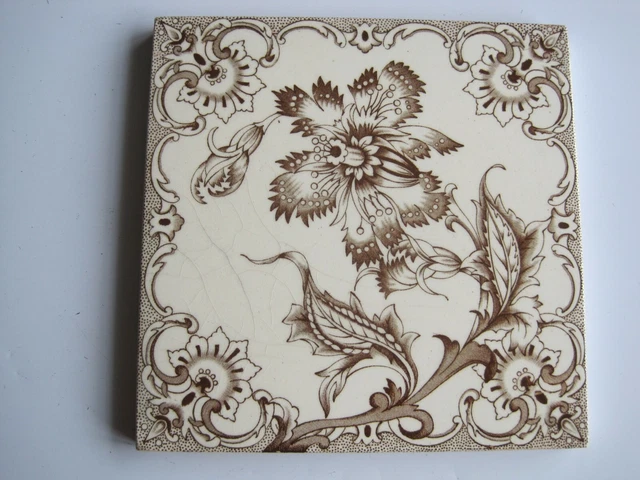 ANTIQUE VICTORIAN TRANSFER PRINT FLORAL TILE- H A OLLIVANT C1890-1900 No.415
