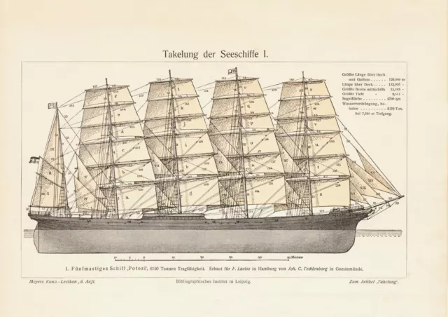 Takelung der Segelschiffe I. - II. historischer Druck Lithographie ca. 1908