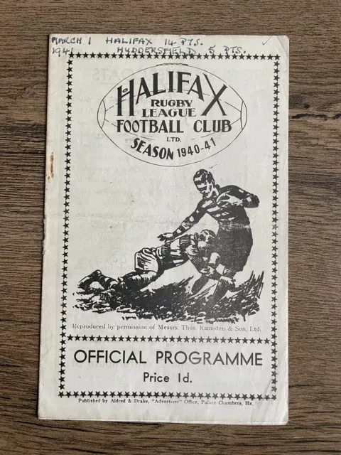 Wartime Rugby League Programme Halifax v Huddersfield 1st March 1941 War Time