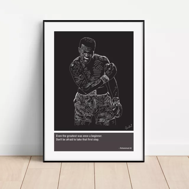 Muhammad Ali Skizze Kunst Druck Poster + Zitate (Motivation, Sport, Boxen, Fitnessstudio)