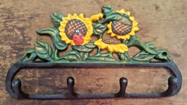 SUNFLOWER 4 HOOK BATHROOM or KITCHEN Towel Hanger farmhouse country ladybug iron