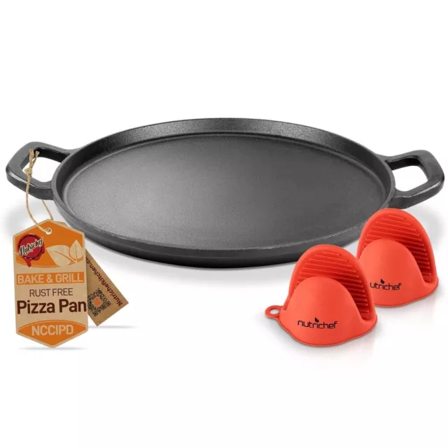NutriChef 14" Cast Iron Pizza Pan Non-Stick W/Easy Grip 2 Silicone Handles