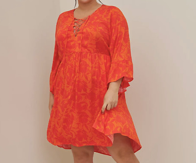 Torrid size 1/1X(14-16) orange floral challis flared sleeve dress with pockets