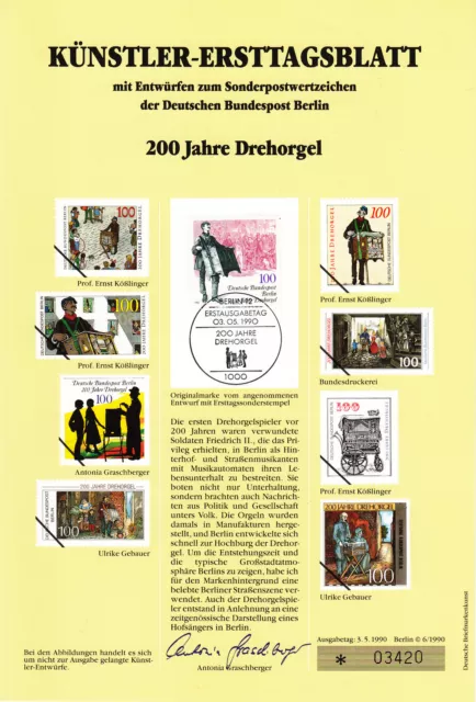 Künstler-Ersttagsblatt   B  1990/06   "  200 Jahre Drehorgel  "  Berlin