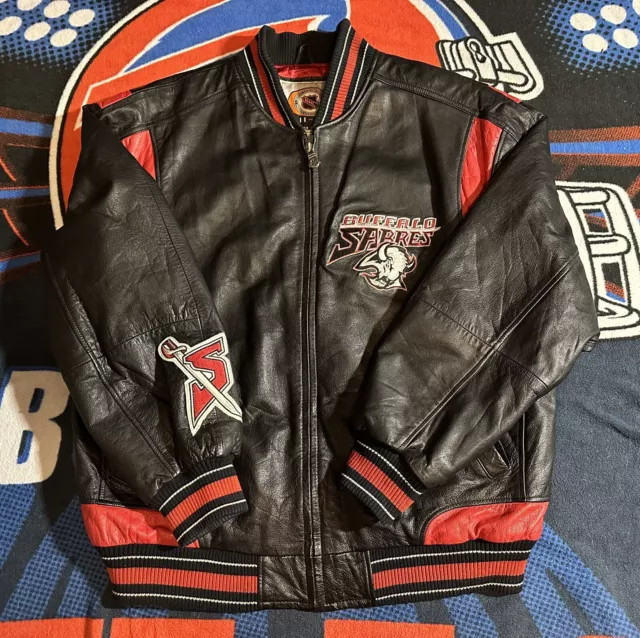 Vintage Buffalo Sabres Goat Head Leather Jacket Large G-III Black Red NHL