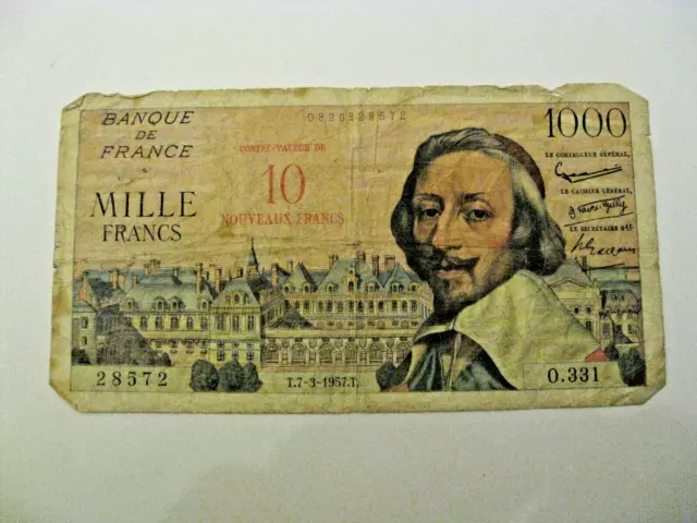 FRANCE Billet 10 NF Surcharge 1000 Francs RICHELIEU 7.3.1957   Alph O.331