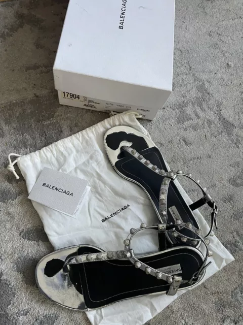 BALENCIAGA PARIS STUDDED Silver Leather Flat Sandals 40.5 $199.00 ...