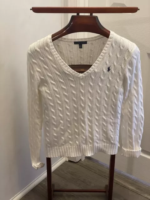 Ralph Lauren Sport White V-Neck Cable Knit Sweater Women's Size Large