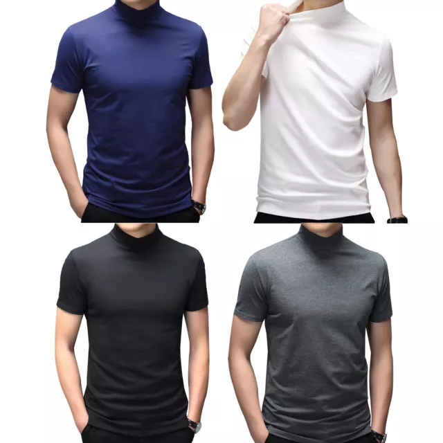 Mens Mock Turtleneck Pullover T-Shirt Top Short Sleeve Solid Undershirt Clubwear