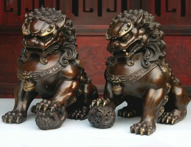 16cm Pair Feng Shui Classical Bronze Lion Statue Evil Guardian Door Fu Foo dog