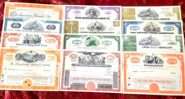 Super Nice!!! Mixed Lot of 12 Assorted Stock Certificates, Various Industries