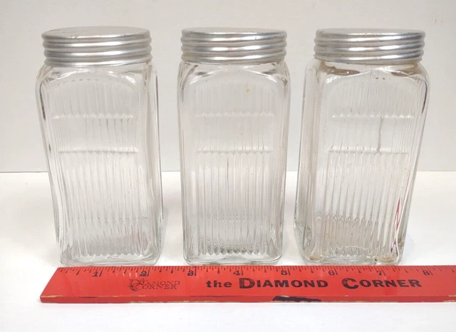 3 Vintage Hoosier Square Spice Glass Jar 4 1/4" Ribbed Pattern Napanee Set 8