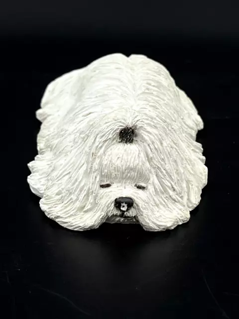 Sandra Brue Sleeping Maltese Dog Hand Painted Sand Cast Textured Small Sculpture