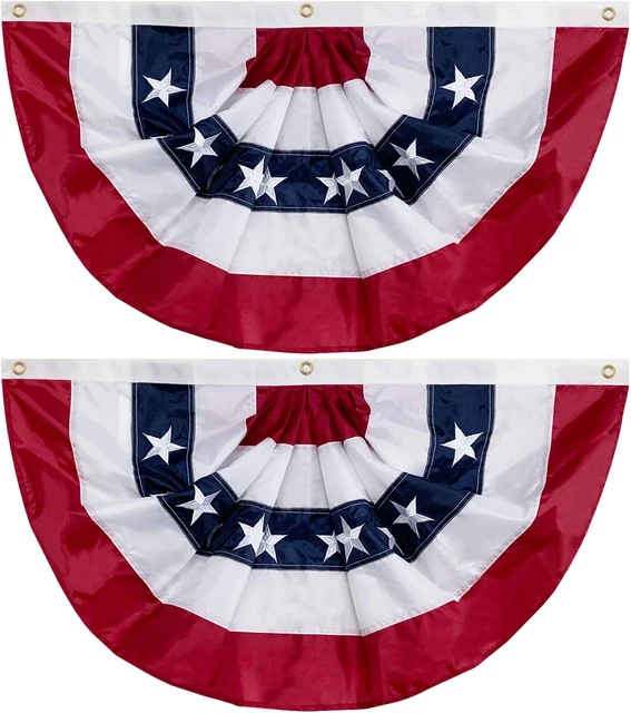 36"X18" USA Patriotic Nylon Bunting Pleated Flag, 2 Sided, Embroidered Stars, Se