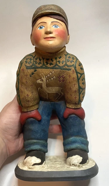 Leo Smith Folk Art “Snowman” OUR TOWN Collection Department 56 Boy Playing 9”