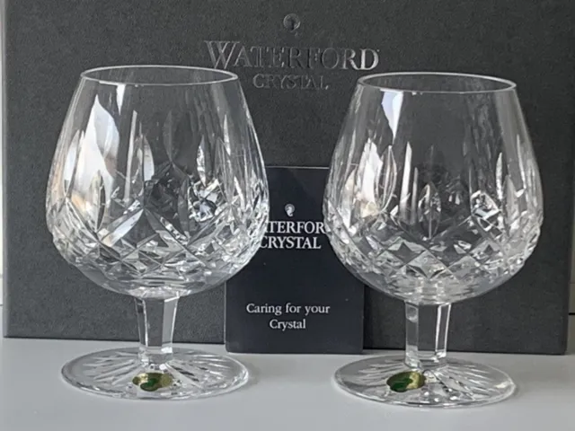 Boxed Pair of Waterford Crystal Lismore Diamond Cut Balloon Brandy Glasses 5.25"