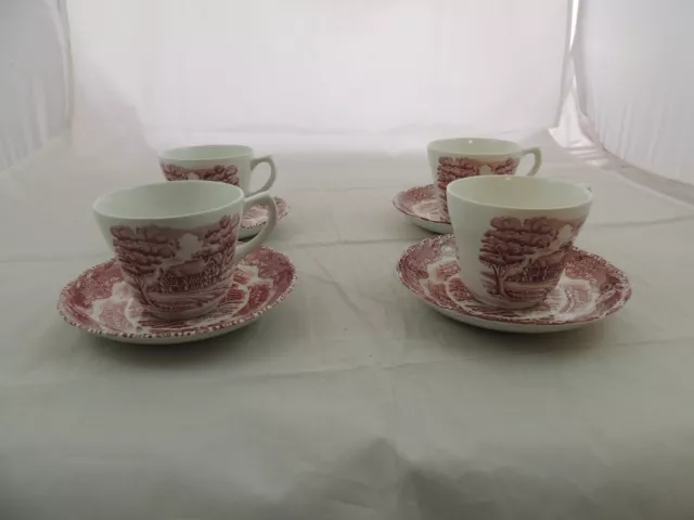 Grindley Transferware English Country Inns Cup & Saucer Pink set of 4