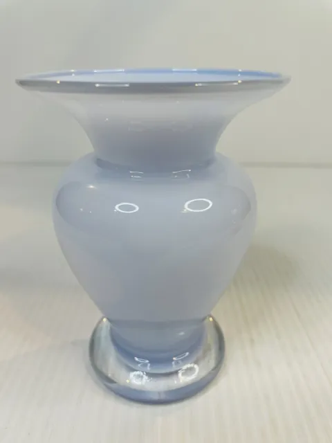 Hand Blown Art Glass Wide Top Vase Blue Light Lavender 4.75” Clear Base Vintage