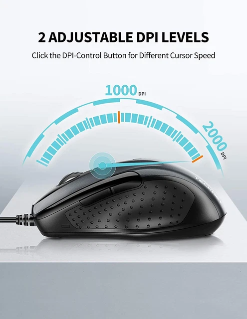 TECKNET USB Wired Mouse, 6-Button Corded Mouse with 2 Adjustable DPI, Grey 2