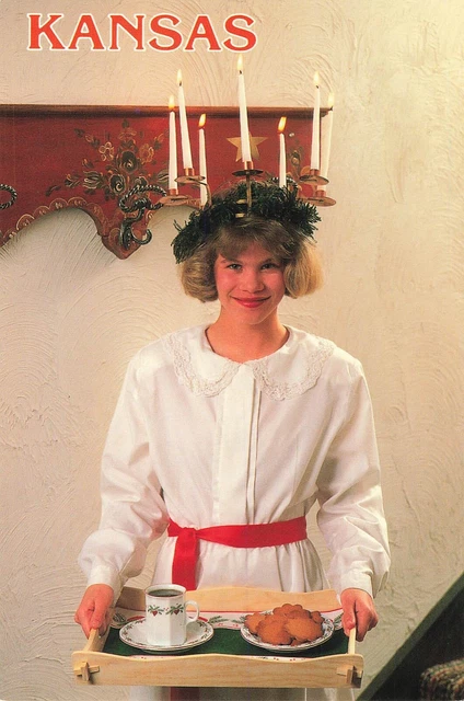 Lindsborg Kansas Swedish Saint Lucia Festival Lady w Candles on Head Postcard
