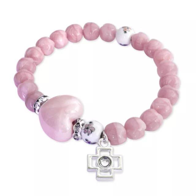 Rosary Bracelet Pink Glass Beads, large Heart and Cross Charm