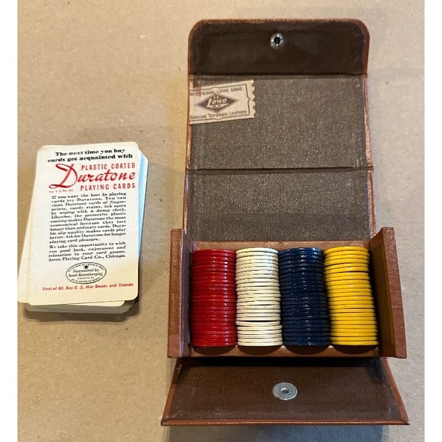 1940'S VINTAGE MINIATURE POKER CHIPS & PLAYING CARDS in LEATHER BOX by E.S. LOWE
