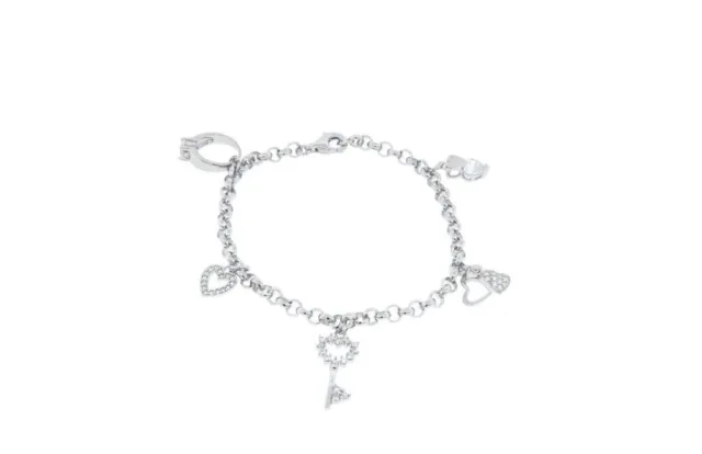 Magnificent 14K White Gold Plated CZ Zirconia Heart And Key Charm Bracelet
