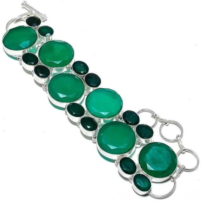 Émeraude (Simulé) Pierre Précieuse Fait à la Main 925 Sterling Argent Bracelet