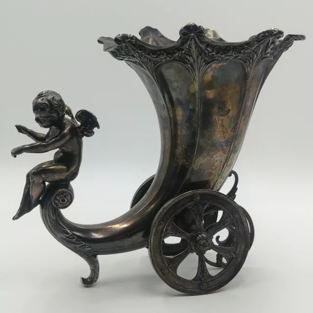 Early 1900s WMF German Art Nouveau Cornucopia Cherub Silver Plate Vase W/ Wheels 2