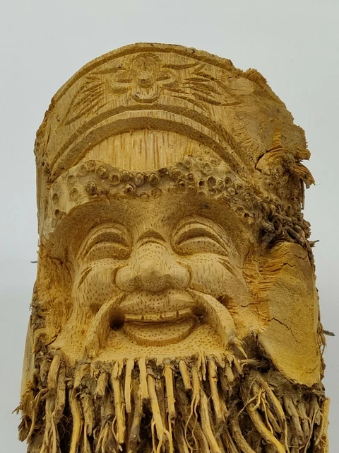 Carved Beard Bamboo Root Ball Face Old Man Spirit Longevity Warrior Wall Art