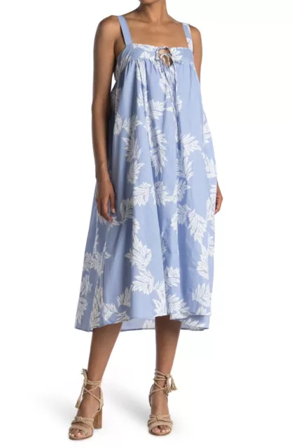 Stitch Drop Women’s Tie Front Cotton Midi Dress Blue Floral Size S Oversize
