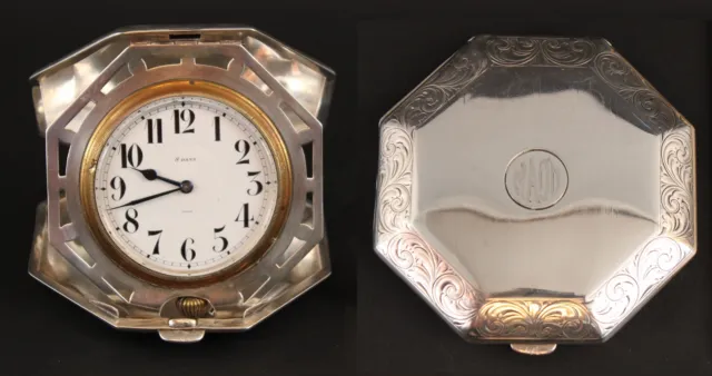 Sterling Silver Travel Clock Cased R Blackinton Co Antique 8 Day Swiss 15 Jewels