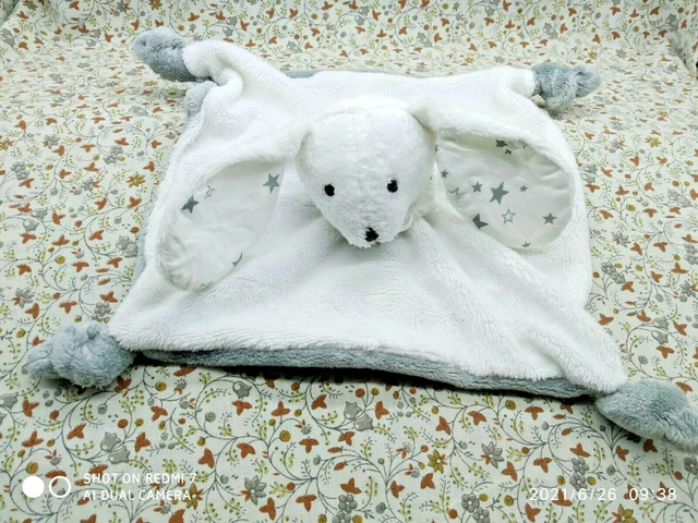 J/ Doudou Plat Maisons Du Monde Lapin Blanc Gris Etoile Col 25/25Cm  Neuf