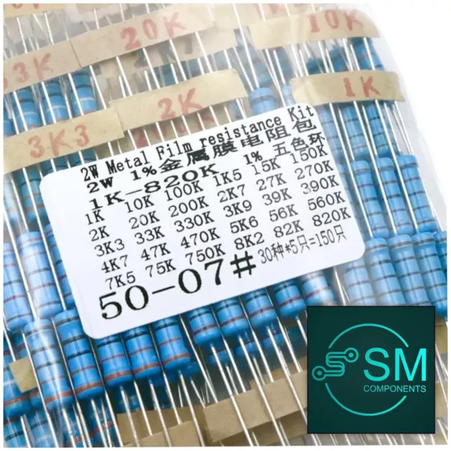 150pcs 2W 2 Watt Metal Oxide Film Resistor Axial Leads 1KΩ-820KΩ 30 Values 1%+-