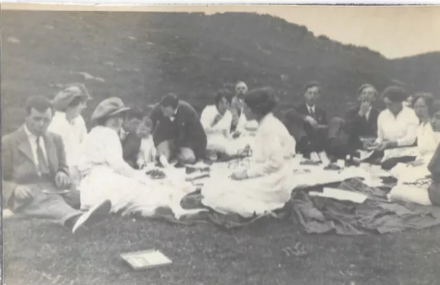 Vintage Old Photograph Men Ladies Hat Dresses Suits Picnic In Country 1910's