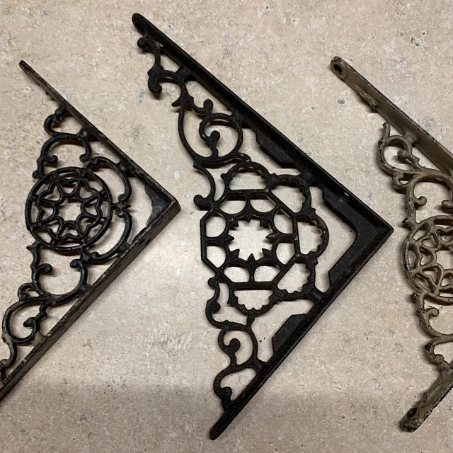 3 Antique Victorian Cast Iron Shelf Brackets-Ornate-8”x 6” & 9”x 7” 3