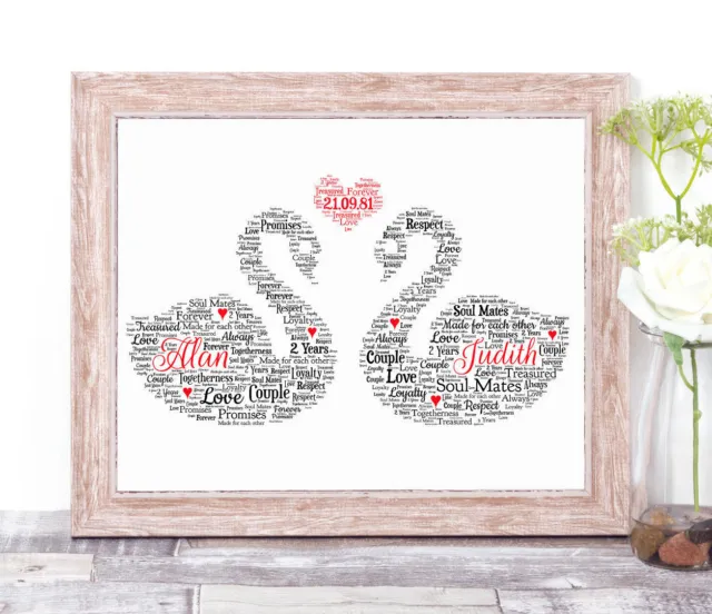 Personalised SWANS Word Art Print Couple Wedding Anniversary Valentine Gift