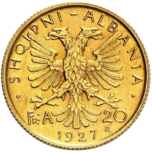 Albania 20 Franga Ari 1927 Gold Coin, AU 58 NGC